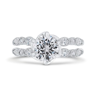 14K White Gold Bezel Set Round Diamond Split Shank Engagement Ring with Milgrain (Semi-Mount)