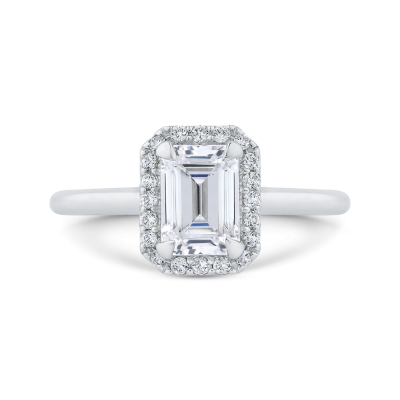 14K White Gold Emerald Cut Diamond Halo Engagement Ring (Semi-Mount)