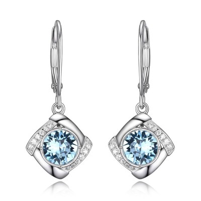 Lady's Silver Polished Sterling Silver Swarovski Aquamarine Earrings