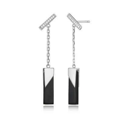 Lady's Silver Polished Sterling Silver Drop Black Agate Earrings