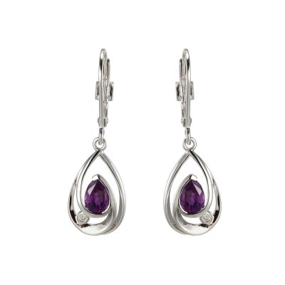 Lady's Silver Polished Sterling Silver Pear Amethyst Leverback Earrings