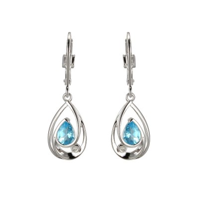 Lady's Silver Polished Sterling Silver Pear Blue Topaz Drop Earrings