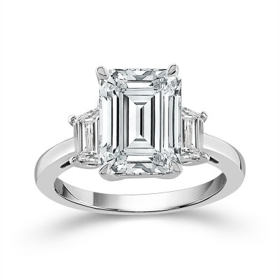 3 Stone Ring with Emerald & Trapezoid Lab Diamonds