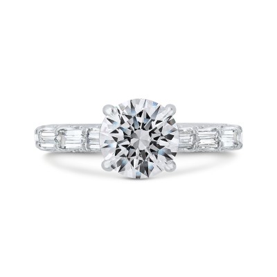 18K White Gold Baguette and Round Diamond Engagement Ring with Round Shank (Semi-Mount)