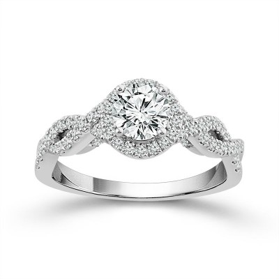 14K White Gold Twisted Halo Engagement Ring