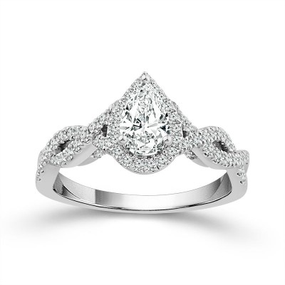 14K White Gold Twisted Halo Engagement Ring