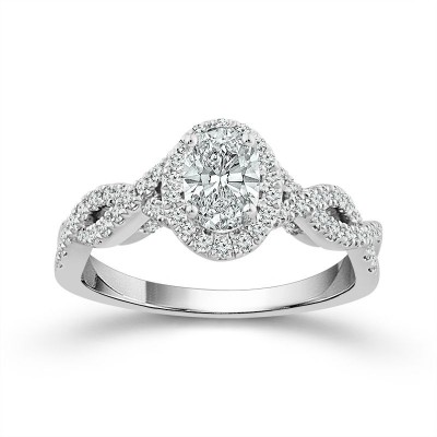 14K White Gold Twisted Halo Engagement Ring