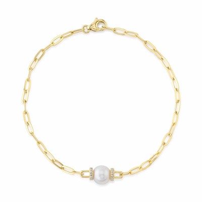 0.07Ct 14K Y/G Diamond & Cultured Pearl Paper Clip Link Bracelet