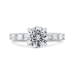 18K White Gold Baguette and Round Diamond Engagement Ring with Round Shank (Semi-Mount)