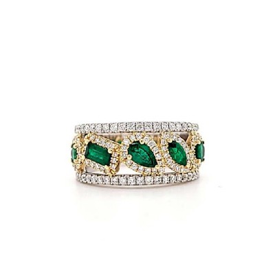 Lady's Two Tone Polished 14 Karat Wide Band Fashion Ring Size 7 With 5=0.84Tw Various Shapes Emeralds And 0.60Tw Round Diamonds