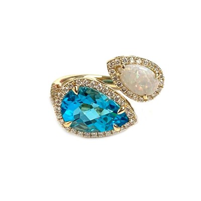 14KY Blue Topaz & Opal Ring