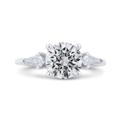 14K White Gold Three Stone Engagement Ring Center Oval with Kite-cut sides Diamond (Semi-Mount)
