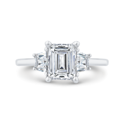14K White Gold Three Stone Engagement Ring Center Emerald with Trapezoid sides Diamond (Semi-Mount)