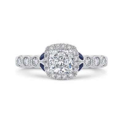 14K White Gold Cushion Cut Diamond Halo Engagement Ring with Sapphire (Semi-Mount)