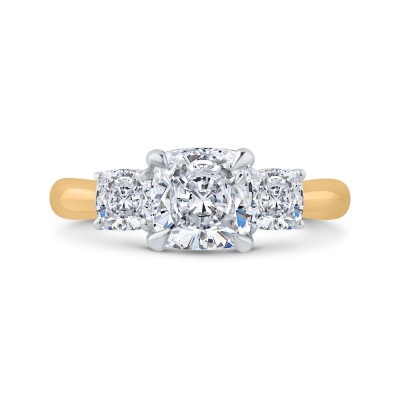 14K Two-Tone Gold Cushion Cut Diamond Three-Stone Plus Engagement Ring with Round Shank (Semi-Mount)