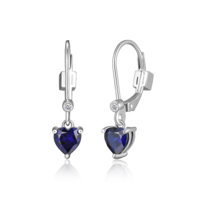 Lady's Silver Polished Sterling Silver Heart Created Sapphire Leverback Earrings