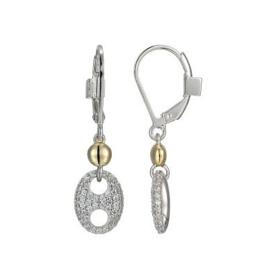 Two Tone Sterling Silver CZ Marina Link Drop Earrings