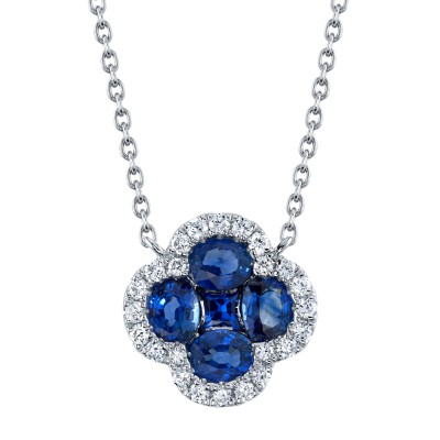 0.16Ct Diamond & 1.14Ct Blue Sapphire Clover Necklace
