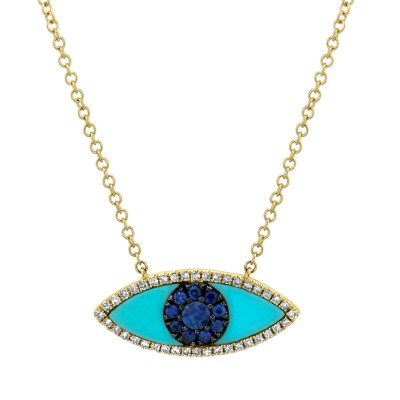 0.09Ct Diamond & 0.65Ct Blue Sapphire & Composite Turquoise 14K Y/G Eye Necklace