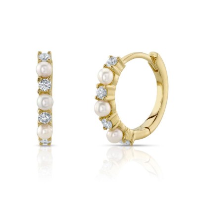 0.14Ct 14K Y/G Diamond & Cultured Pearl Huggie Earring