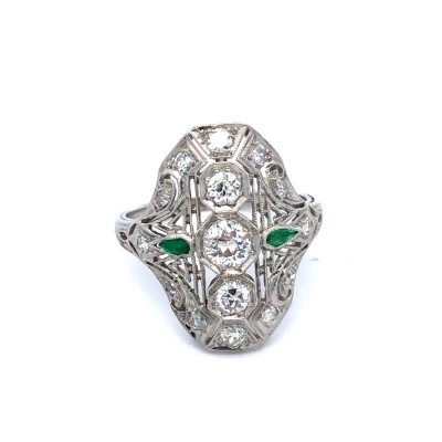 Platinum Antique Diamond & Emerald Ring