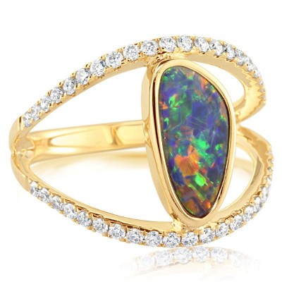 14KY Opal Doublet & Diamond Ring