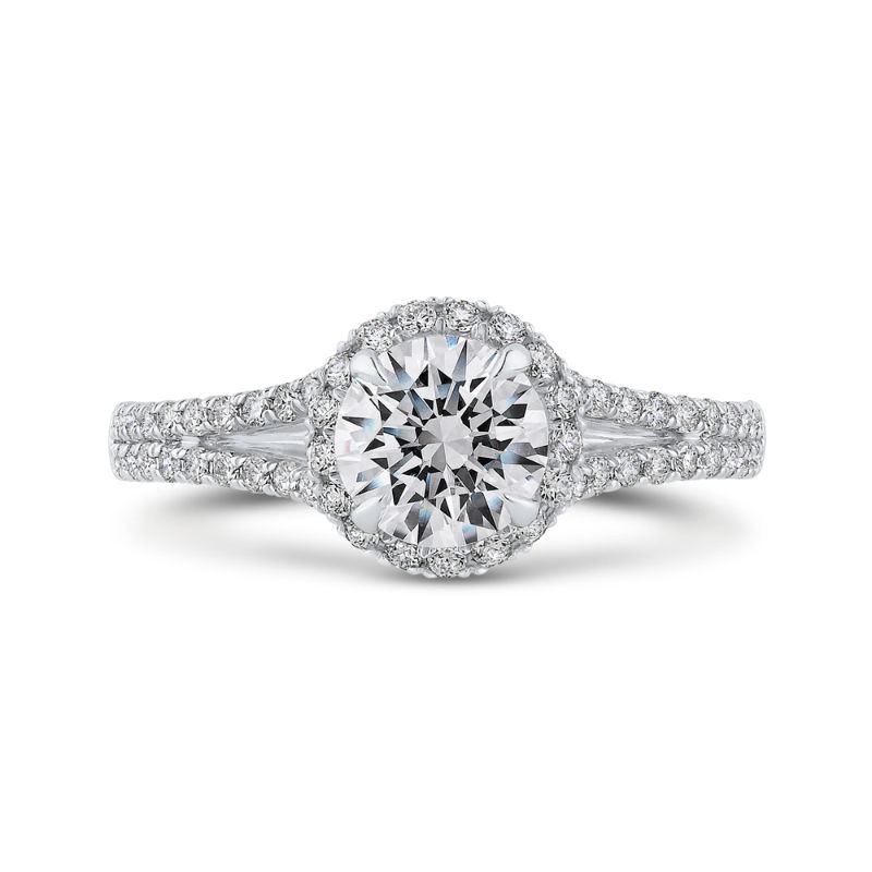 14K White Gold Round Diamond Halo Engagement Ring with Split Shank (Semi-Mount)