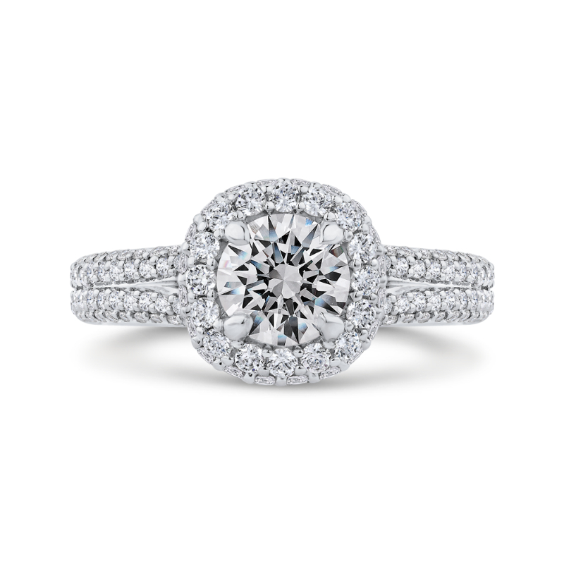 14K White Gold Round Diamond Double Halo Engagement Ring with Split Shank (Semi-Mount)