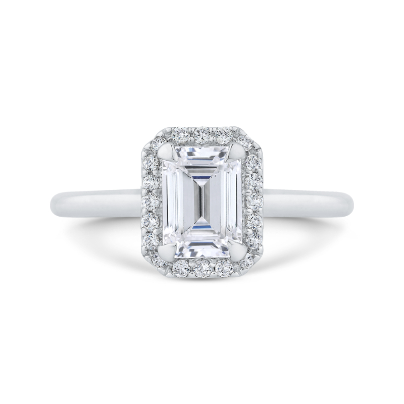 14K White Gold Emerald Cut Diamond Halo Engagement Ring (Semi-Mount)