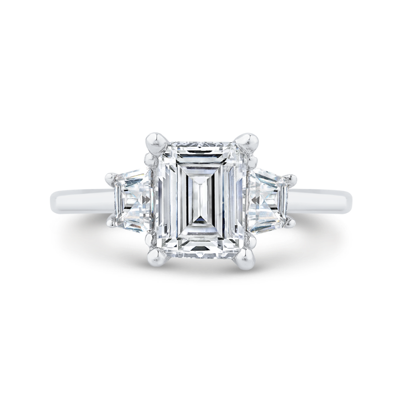 14K White Gold Three Stone Engagement Ring Center Emerald with Trapezoid sides Diamond (Semi-Mount)