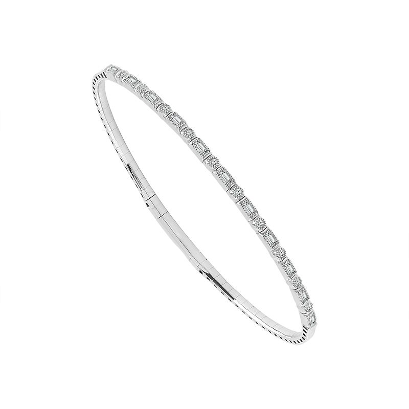 14K White Gold Baguette & Round Diamond Bangle