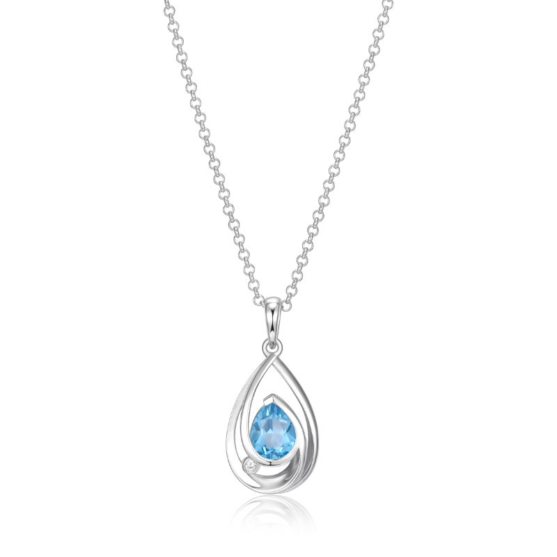 Silver Polished Sterling Silver Blue Topaz Drop Charm Necklace