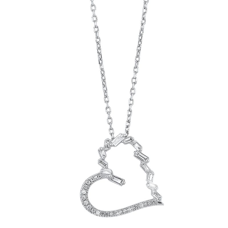 14K White Gold Bagg/Rd Heart Pendant 1/6Ctw