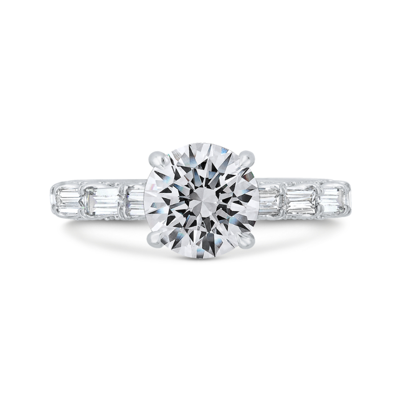 18K White Gold Baguette and Round Diamond Engagement Ring with Round Shank (Semi-Mount)