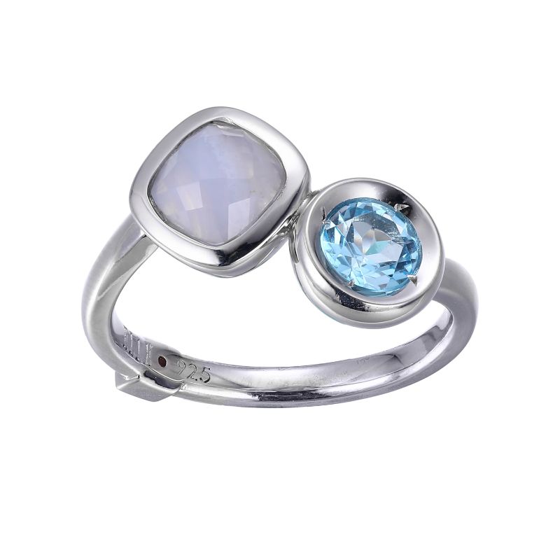 White Sterling Silver Blue Topaz  & Opal Ring Size 7