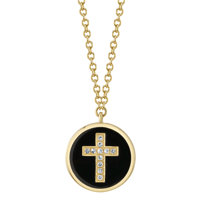 0.02Ct Diamond & Black Enamel 14K Y/G Cross Necklace