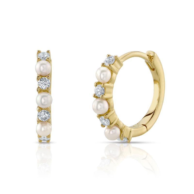 0.14Ct 14K Y/G Diamond & Cultured Pearl Huggie Earrings