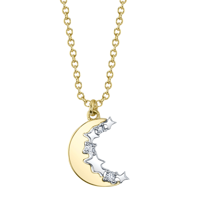 0.04Ct 14K2T Diamond Crescent Moon & Star Necklace