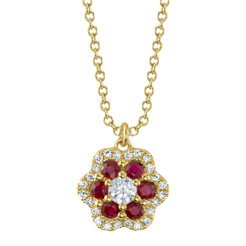 0.14Ct Diamond & 0.24Ct Ruby Flower Necklace