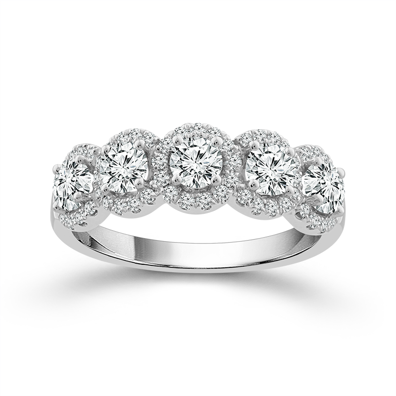 14K White Gold 5 Stone Halo Anniversary Band