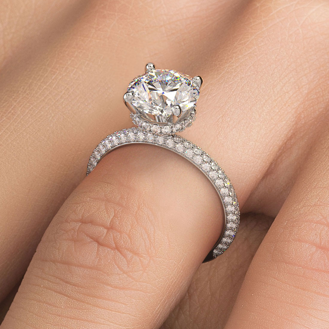 14K White Gold Round Cut Diamond Pave Shank Engagement Ring (Semi-Mount)